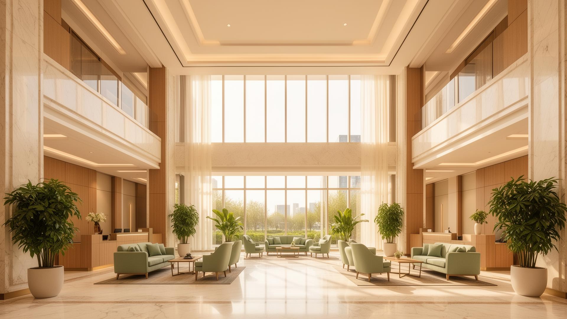A bright clinic lobby with seating areas