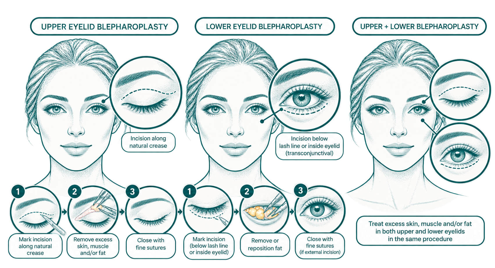 Skizze einer Lidstraffung an Oberlid, Unterlid und beiden zusammen: Schnittführung in der natürlichen Lidfalte oder unterhalb der Wimpernlinie bzw. an der Lidinnenseite und die drei Schritte: Schnitt markieren, überschüssige Haut, Muskel oder Fettgewebe entfernen (Unterlid: Fettgewebe entfernen oder umverteilen) und mit feinen Nähten verschließen