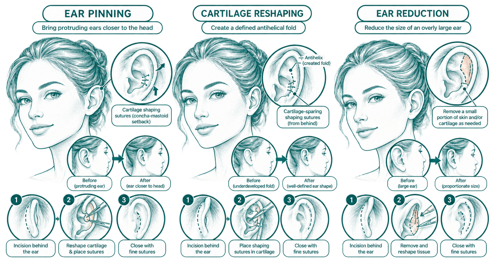 Ear correction sketch showing ear pinning, cartilage reshaping, and ear reduction: an incision behind the ear, reshaping and sutures, and a before and after view for each